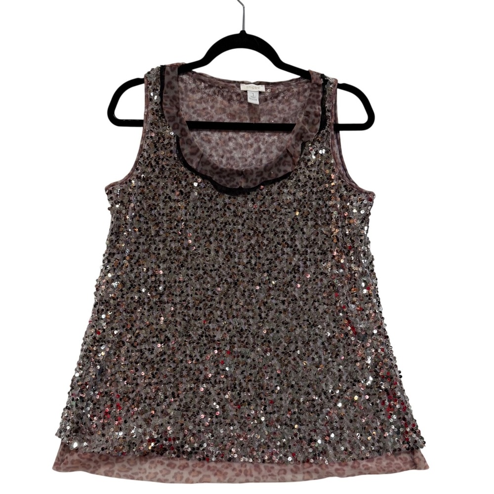 Chicos Sequin Leopard Print Mesh Tank Top Mauve Silver Size 1 Sleeveless Glam